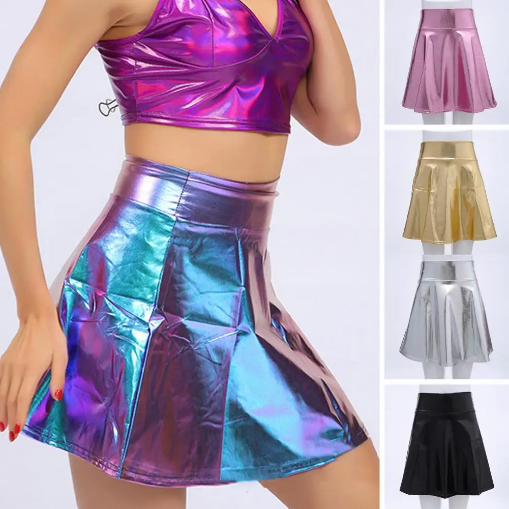 

High-waisted Skirt Women's Glossy Faux Leather A-line Mini Skirt with Elastic Waist Loose Hem High Waist for Cocktail Parties