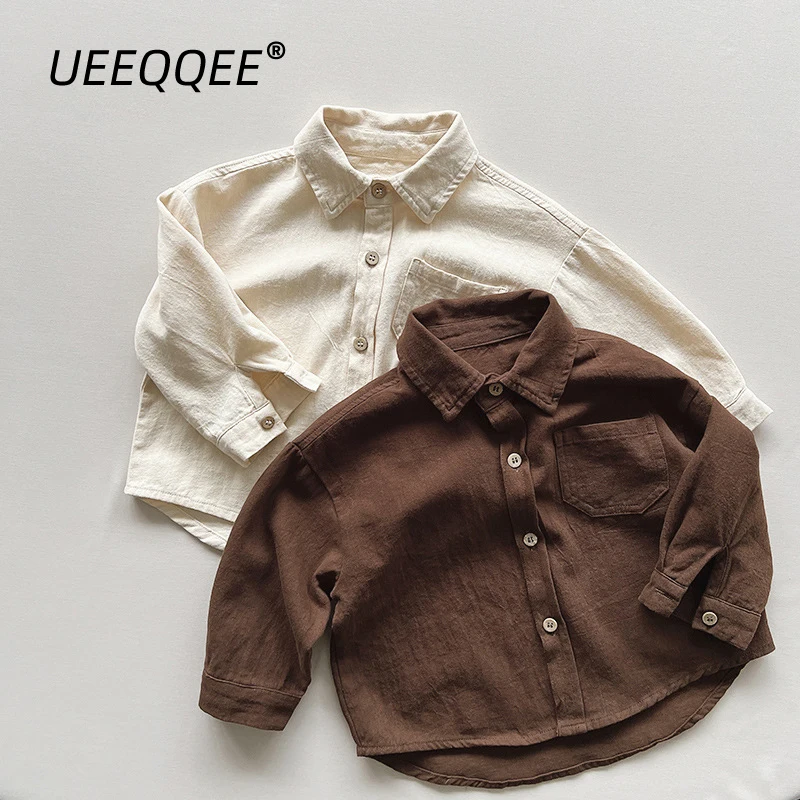 Spring Autumn Children Shirts 1-8Y Boys Cotton Pocket Solid Daily Long Sleeve Tops Korean Kids Wear Toddler Clothing New
