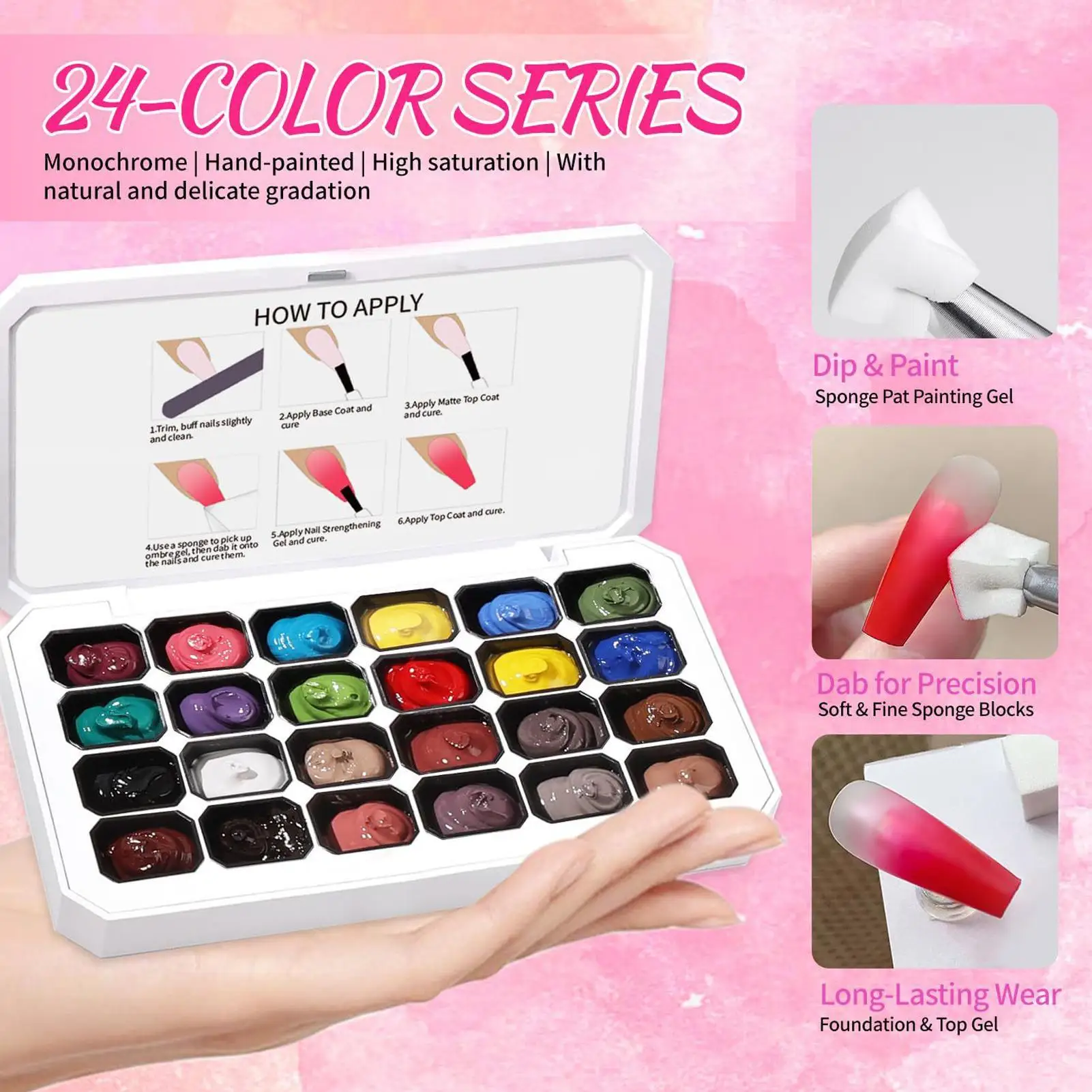 Gel per unghie Pat Painting, 24 colori, semipermanente, rimovibile con immersione, UV LED, per manicure fai da te, utilizzato per sfumature, stamping e decorazioni.