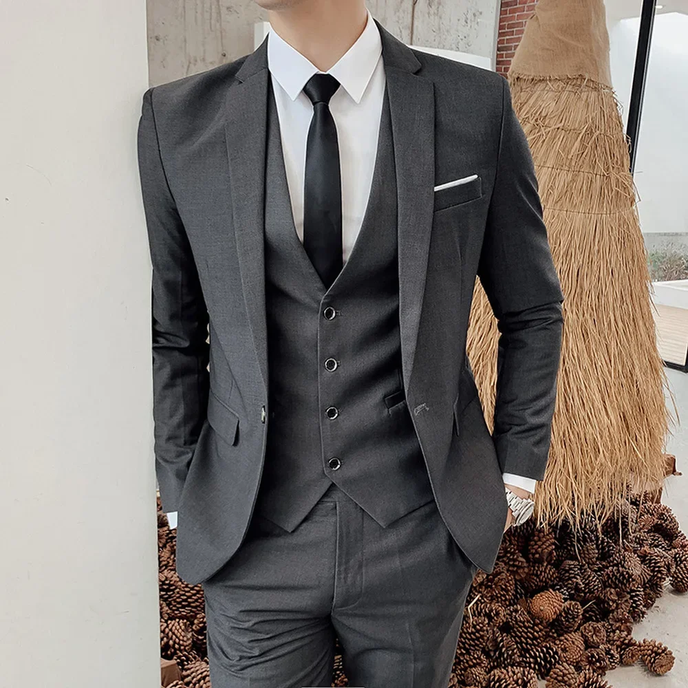Business Men's Groomsmen Blazers Trousers Groom Wedding Dress Banquet Solid Color Slim Fit Suit Jacket Coat Vest Pants Set mens suit 3 Pcs