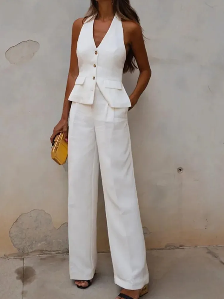 MUJER Pants Sets For Women 2 Pieces Off Shoulder Sleeveless Vest Woman Outfit Fashion Wide Leg Pants Elegant Casual Women's Set - 4