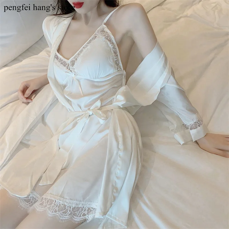 

Slip Nightgown Female 2Pcs Robe Set Sexy Lace Trim Nightwear Silk Rayon Bathrobe Gown Cozy Intimate Lingerie Female Sleepwear