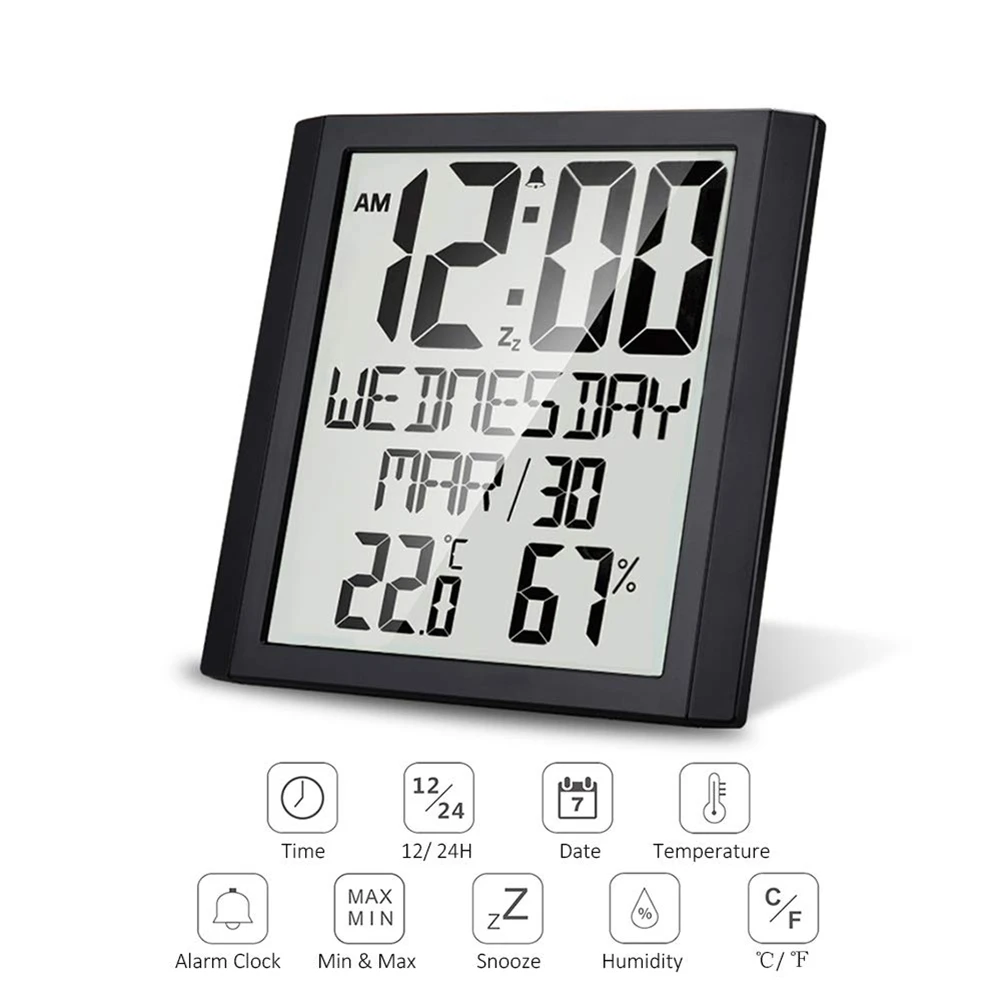 

Digital Wall Clock with Temperature & Humidity 8.6 inch Large Display Time/Date/Week Alarm Clock for Home Office