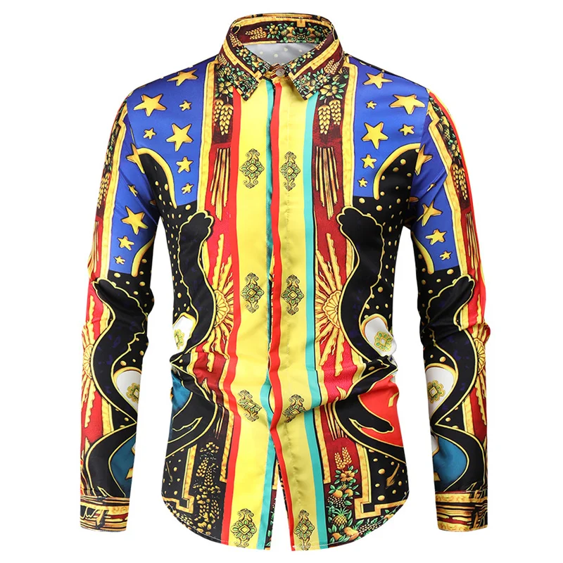 thumbnail image 1 of Camisa informal ajustada de estilo étnico distintivo nacional para hombre, blusas clásicas, camisas de manga larga con cuello vuelto, ropa de vestir, 1 of 4