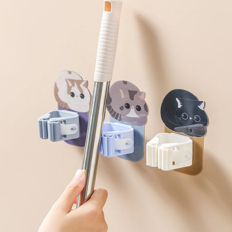 Description Picture 4 of item4Pcs Wall Mounted Mop Hook Cartoon Cat Multi-Purpose Holder Household Broom Handbag Umbrella Strong Rack Bathroom Tools Hanger