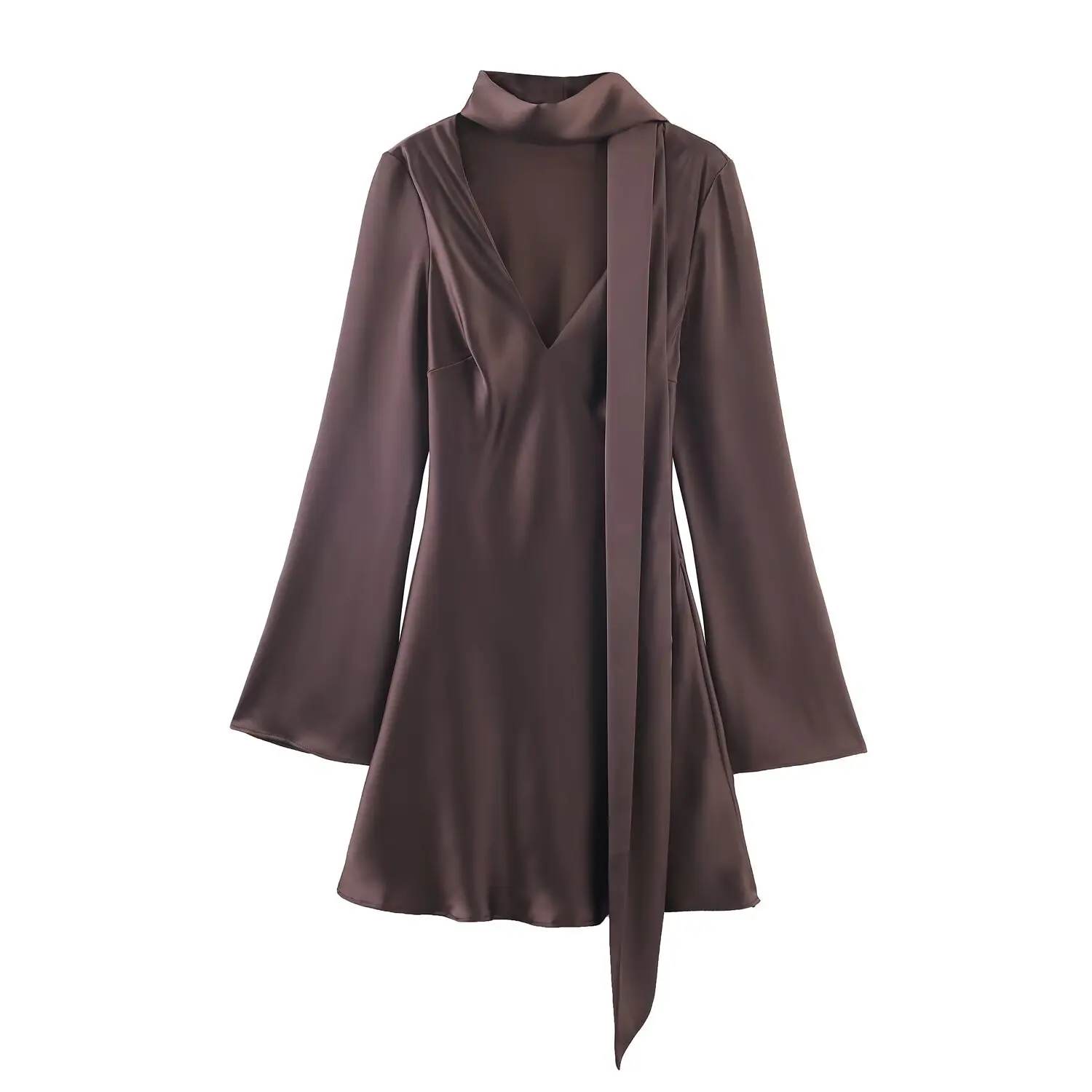 Women's V-Neck Silk Satin Irt Dress Female Slimming Scarf Collar Design Lady High-End Elegant Commuting Office Party Mini Dress