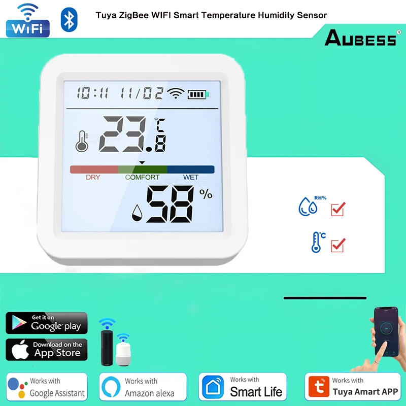 

AUBESS Tuya ZigBee WIFI Smart Temperature Humidity Sensor BackLight LCD Hygrometer Thermometer Works With Alexa Google Assistant