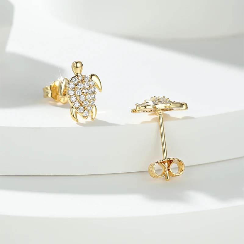Female Cute Sea Turtle White Crystal Small Stud Earrings Vintage Yellow Gold Color Wedding Fashion Jewelry For Women
