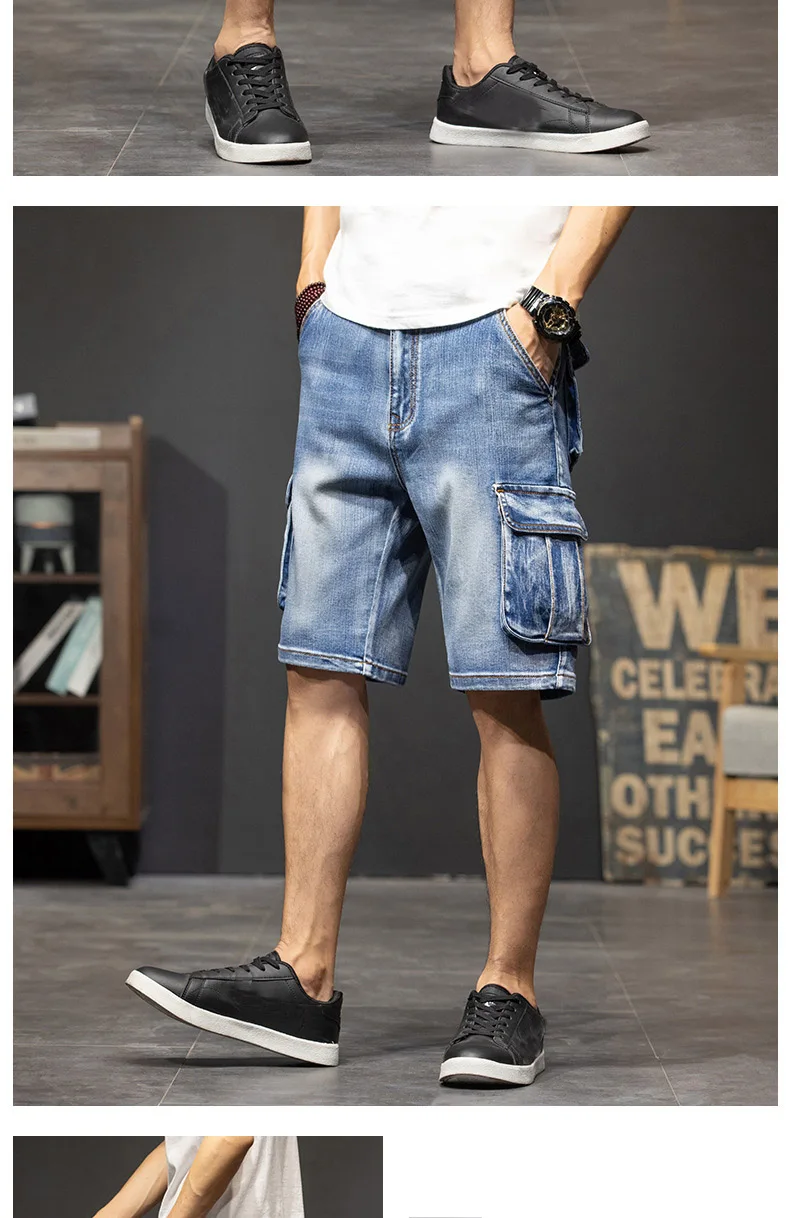 Shorts jeans multi-bolso masculino, shorts soltos masculinos,