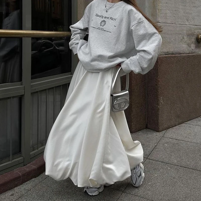 DEEPTOWN Balloon Skirt Long Women Satin Vintage Loose High Waist A  