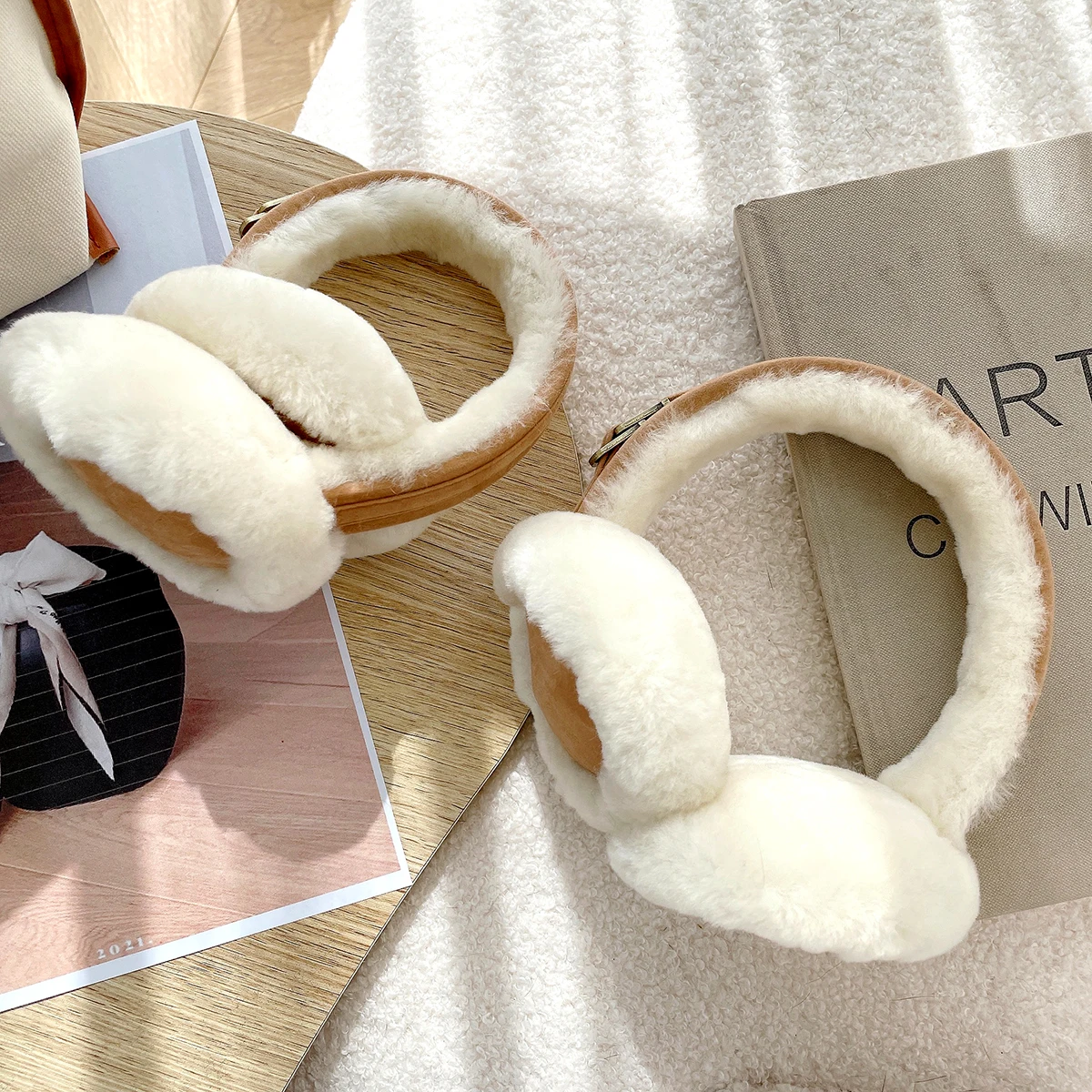 Natural Wool Ear Warmer Winter Sheepskin Ear Muffs for Women Soft Warm Solid Earflap Outdoor Cold Protection