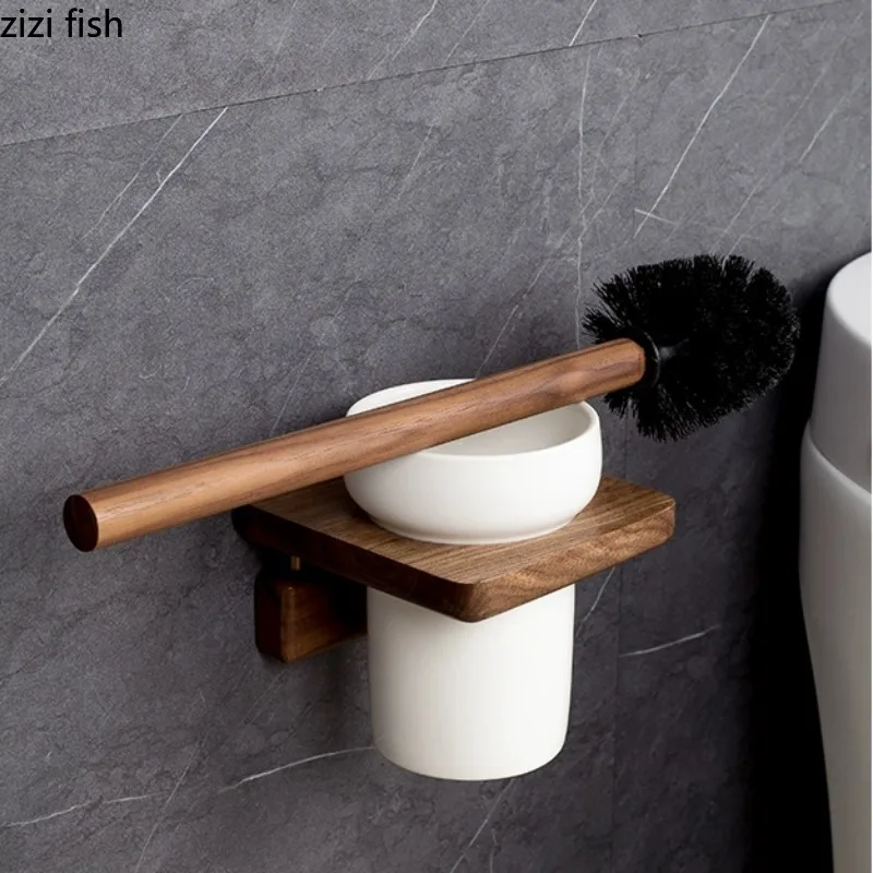 Bathroom Toilet Brush Set Wood Brushes Ceramic Base Wall Mounted No Punch Cleaning Brush Holders Bathroom Accessories
