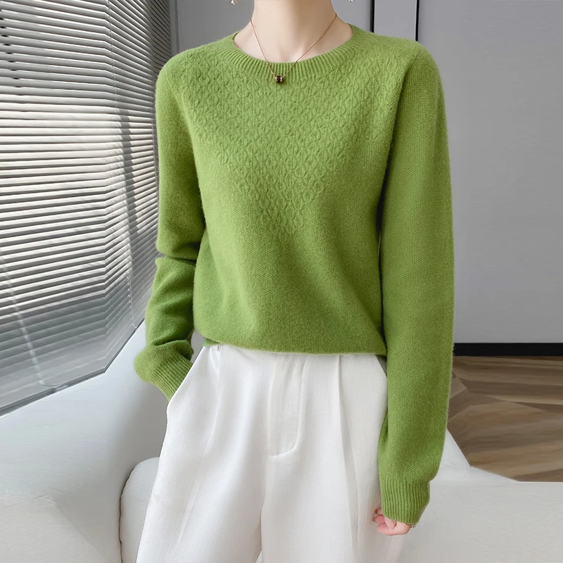 

100% Merino Wool Sweater Women's Fall/Winter Collar Pullover O-neck Loose Knitted Bottom Shirt Long Sleeve Cashmere Top