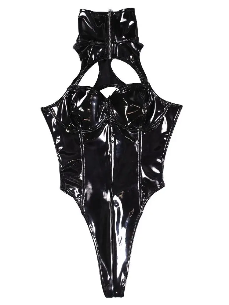 3D Hollow Bust Wet Look PVC Catsuit High Cut Zipper Open Crotch Bodysuit Tight Hot Sexy Sukumizu Cosplay Body Shirt Clubwear Top