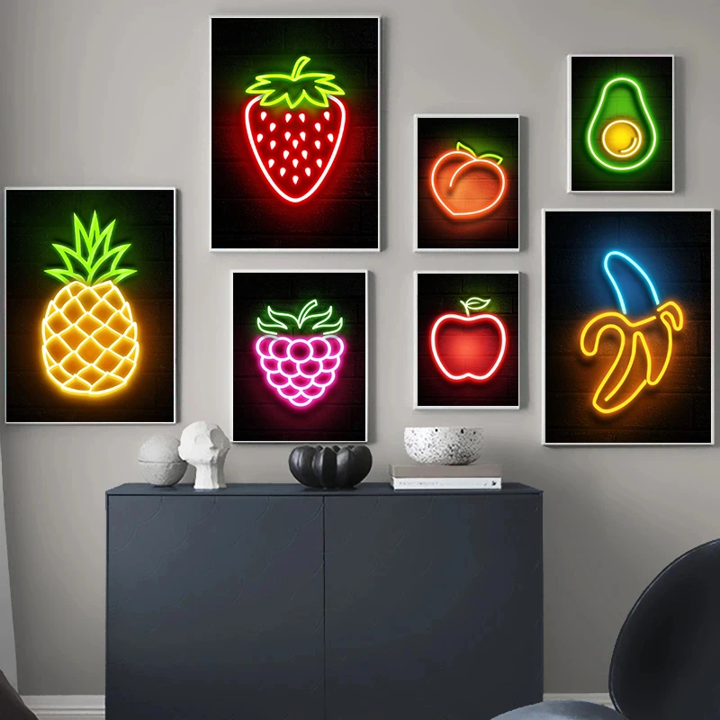 Lemon Apple Pineapple Banana Fruit Neon Sign Posters Prints Wall Art for Kitchen Home Decor