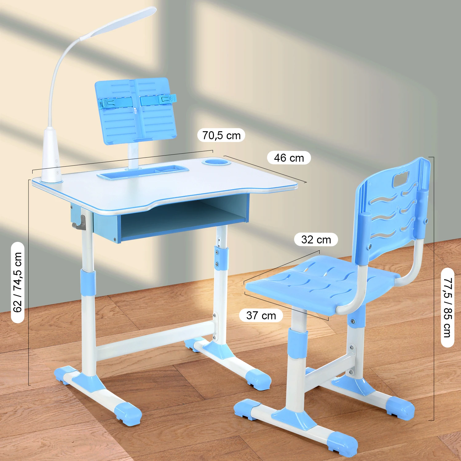 Ensemble bureau et chaises pour enfants, bureau d'étude réglable en hauteur avec lampe USB, tiroir de rangement pour étude, bleu et blanc
