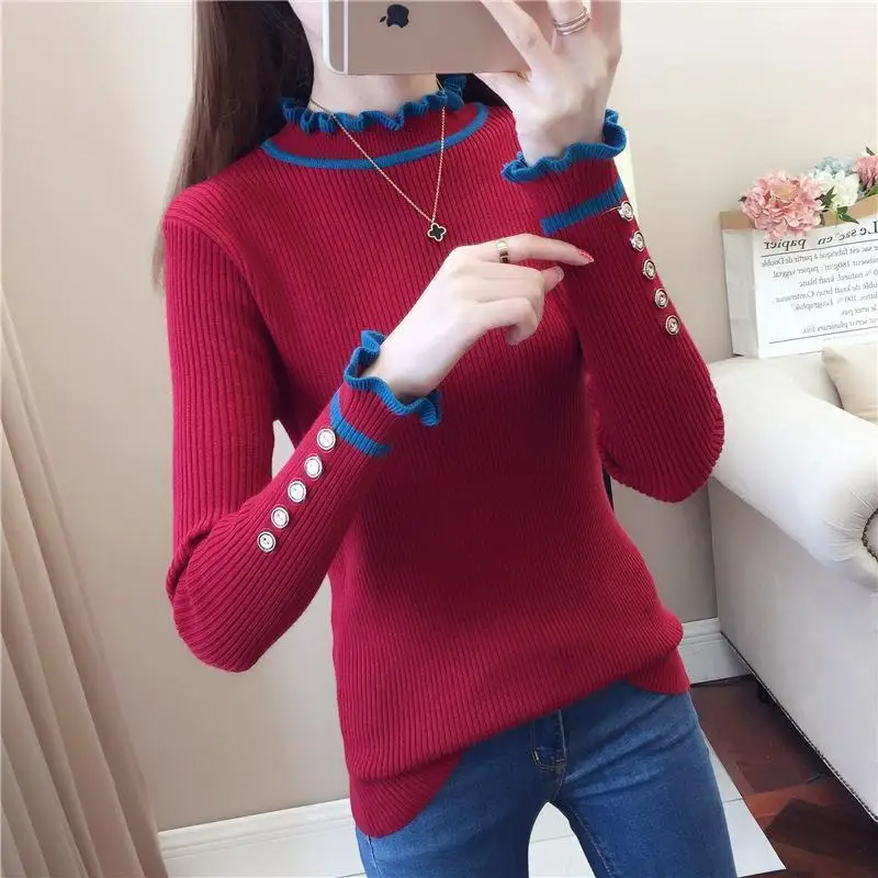 

Fashion O-Neck Spliced Button Ruffles Knitted Sweater Women's Clothing 2023 Autumn Winter New Loose All-match Pullovers Tops