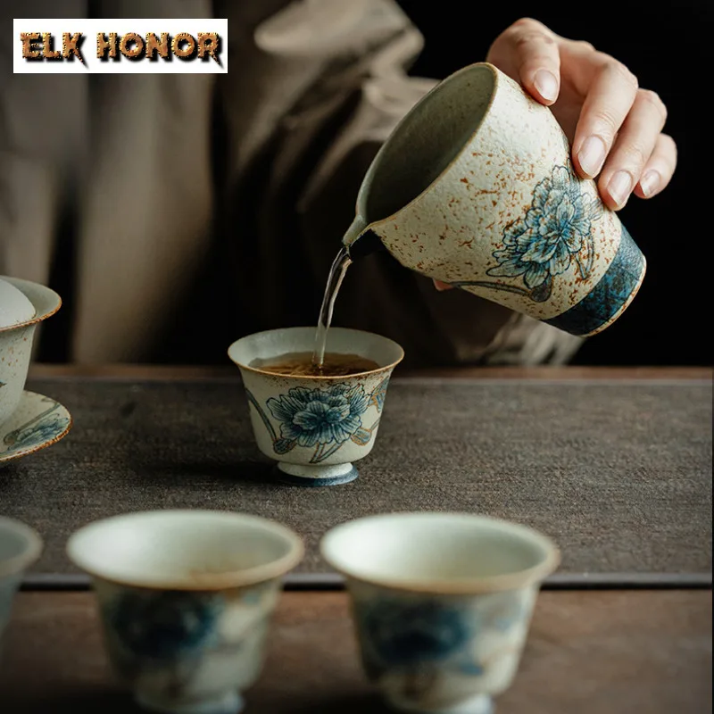 200ml Blue And White Flint Red Tea Pitcher Handmade Gold Drawing Peony Flower Cha Hai Justice Cup Chinese Tea Set Accessories