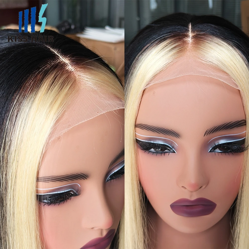 Highlight #613 Skunk Strip Human Hair Wigs Black & Blonde 13*4 Lace Frontal Wig Middle Part Colored Wig Straight Bleached 1B/613