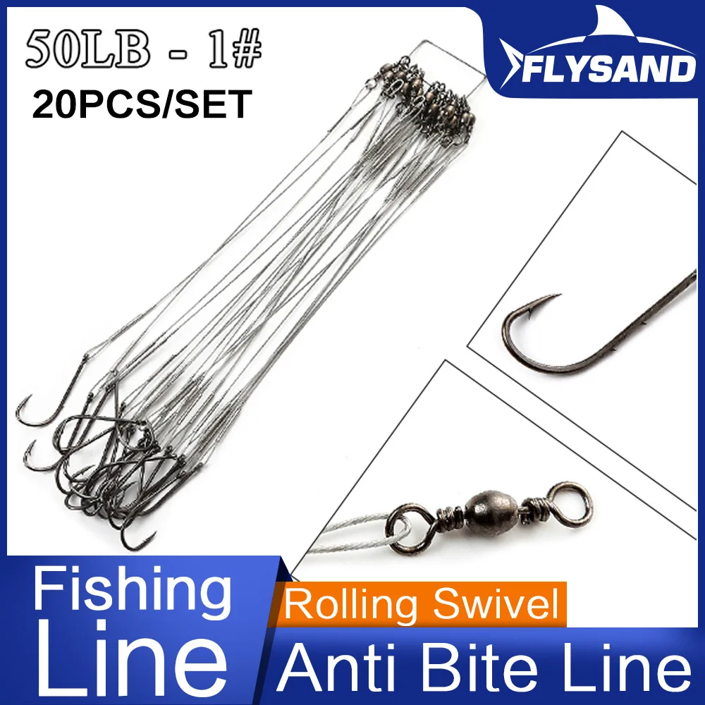 FLYSAND Anti Bite Steel Fishing Line ผู้นําลวดเหล็กพร้อม # 1 ตะขอหมุน 50LB 20 ชิ้น/ถุง 3 สีตกปลาเกียร์ 1