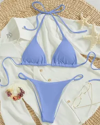 Elegant Solid Halter Bikini Set with High-Waisted Lace-Up Design - M (Blue)