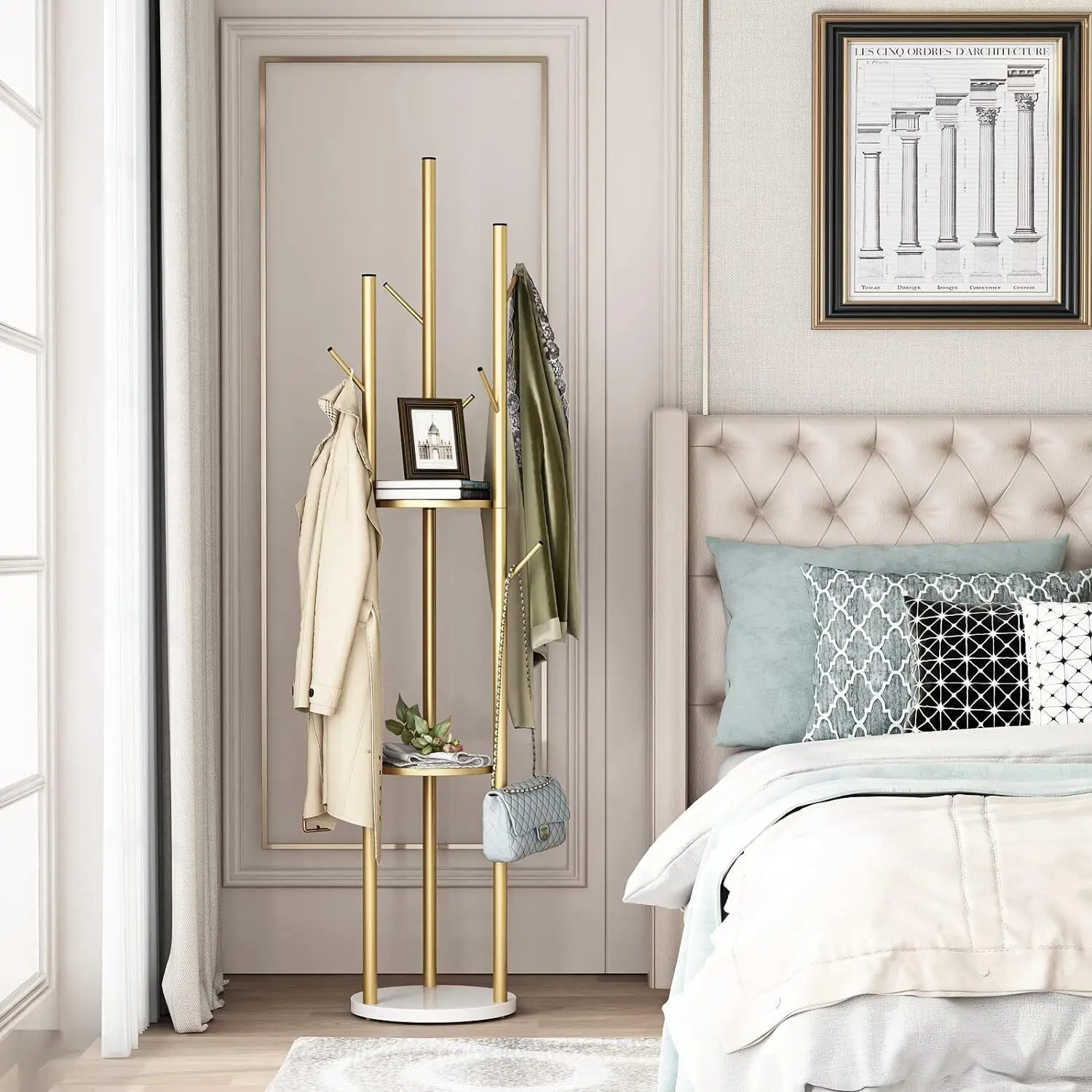 Appendiabiti Da Terra Moderno Oro E Marmo - 3 Ripiani E 9 Ganci Per Ingresso - Foto 14