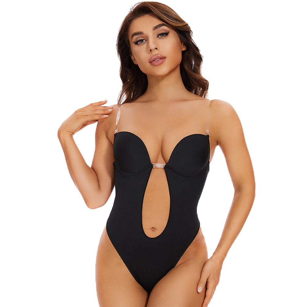 Women Thong Shapewear Bodysuit Shapers Underwear Backless Bodysuit Deep V-Neck Thong Body Shaper Bodysuit