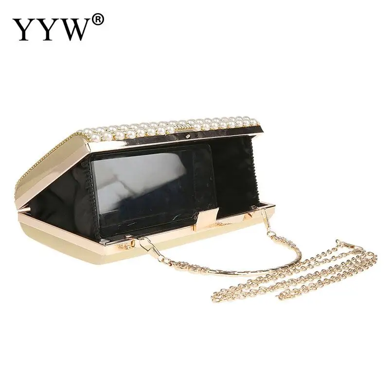 Elegant Pearl Beads Rhinestone Women Evening Clutch Handbag Square Wedding Bridal Diamond Messenger Purse Lady Metal Chain Bag