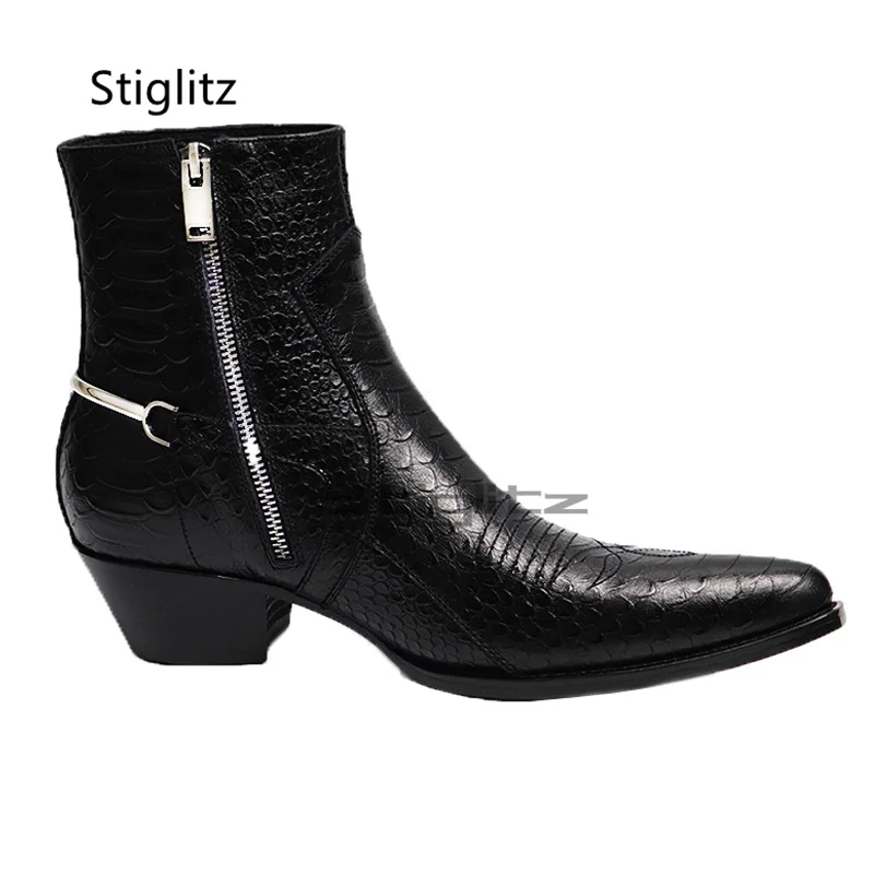 Genuine Leather Embroidery Men's Boots Pointy Chelsea Boots Snakeskin Metal Decor Chunky Heeled Ankle Boots Party Male Shoes