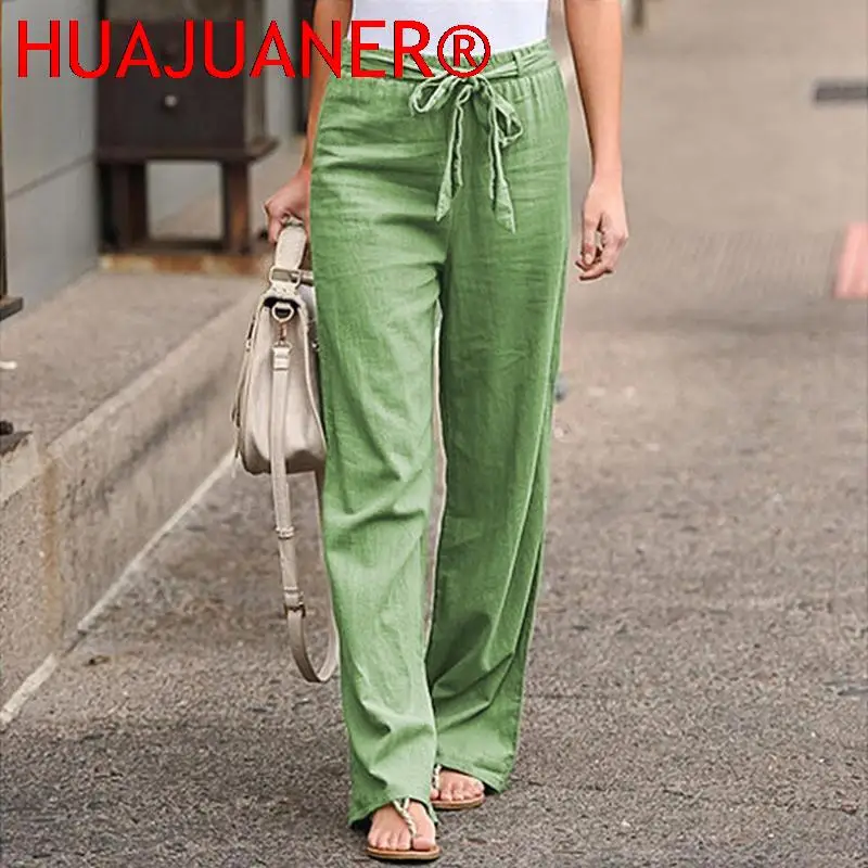 

Women Cotton Linen Pants Solid Color Elastic Loose Drawstring Wide-Leg High Waist Trousers Female Stretch Straight Casual Pants