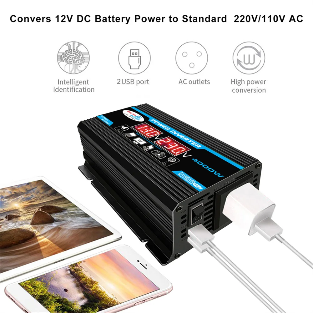 4000W 순수 정현파 차량용 파워 인버터 DC 12V to AC 220V 110V 전압 변환기 듀얼 USB 전원 소켓 컨버터 (자동차/가정용)