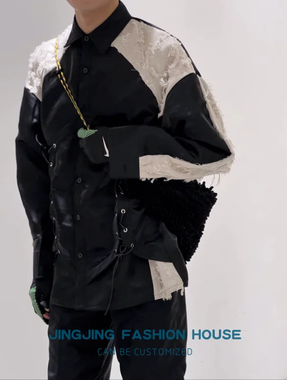 2023 Black patchwork beggar fringe shirt coat Spring and autumn large size loose look slim outside long-sleeved top