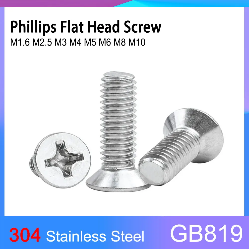 

GB819 A2 Cross Phillips Flat Countersunk Head Screw 304 Stainless Steel Bolt M1.6 M2.5 M3 M4 M5 M6 M8 M10 Length=3-100mm
