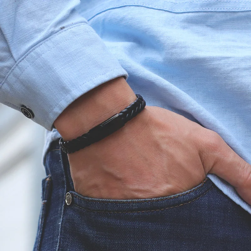 Bracciale Uomo In Pelle Intrecciata Doppia Trama, Chiusura Magnetica In Acciaio Inox