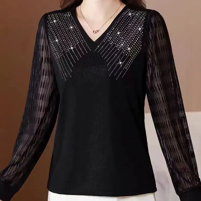 Casual Solid Color Patchwork Shirt Fashion Diamonds Elegant V-Neck Spring Autumn Women's Clothing Long Sleeve Straight Blouse