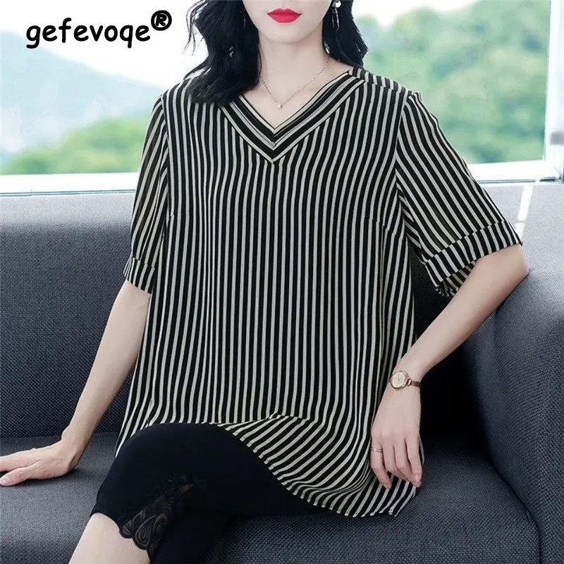 

Fashion Striped Print Oversize Tunic Ladies Tops 2023 Summer Casual V Neck Short Sleeve Shirts Blouses for Women Clothing Blusas
