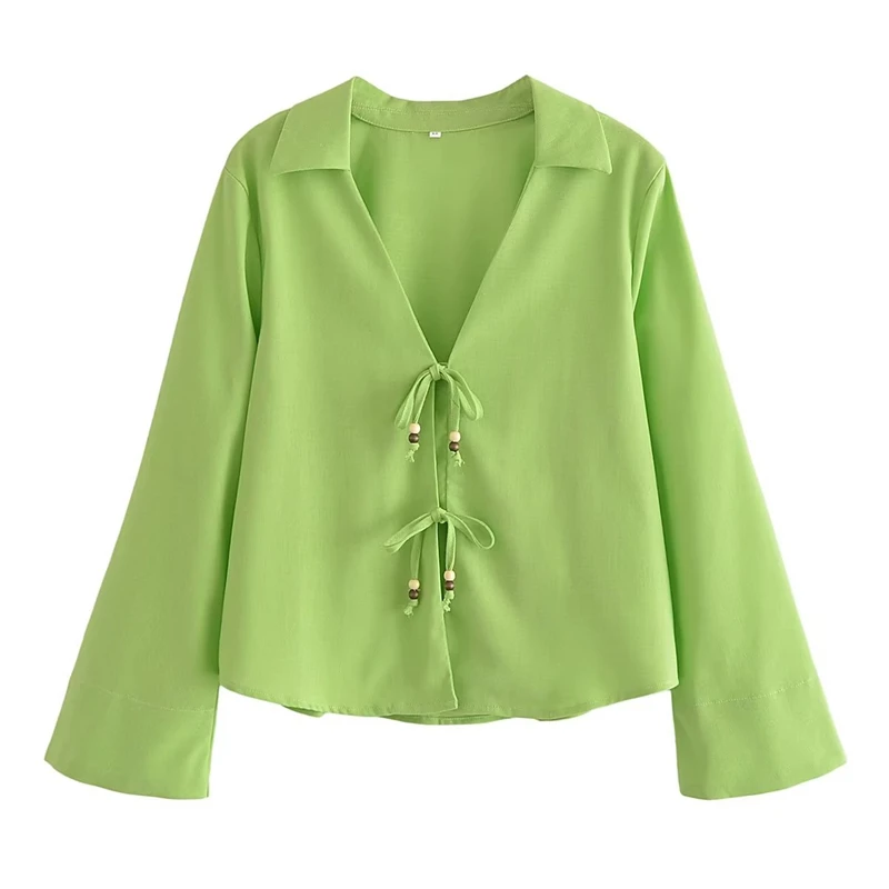 

2023 Women's Summer New V-neck Long-sleeved Beaded Tie Linen Thin Shirt Loose And Versatile Temperament Top