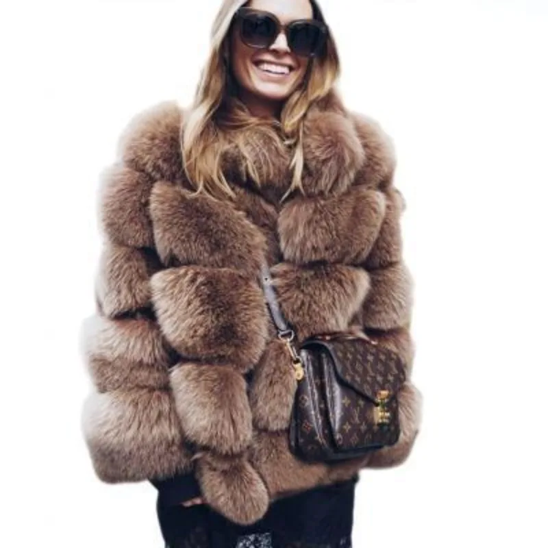 18color S-4XL Winter Spring Faux Fox Fur Warm Windproof Slim Standing Neck Spliced Faux Fur Coat for Women