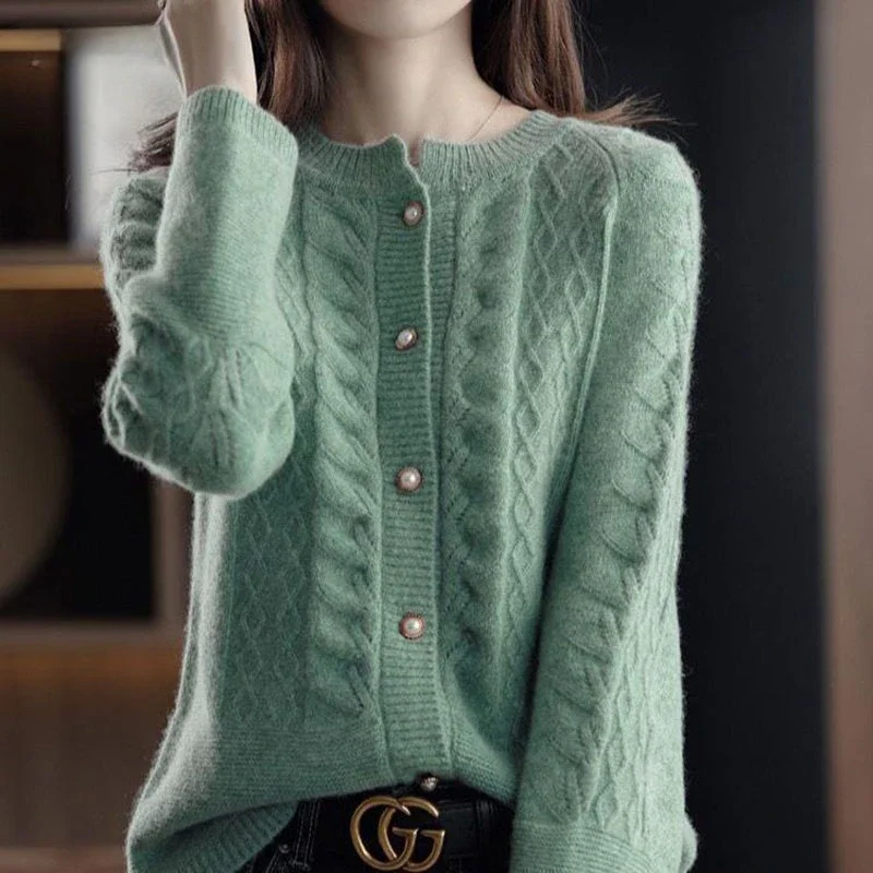 

Autumn Winter New Cardigan Pearl Buckle Women Clothing Screw Thread Sweaters Single Breasted Thick Knitting Cardigan