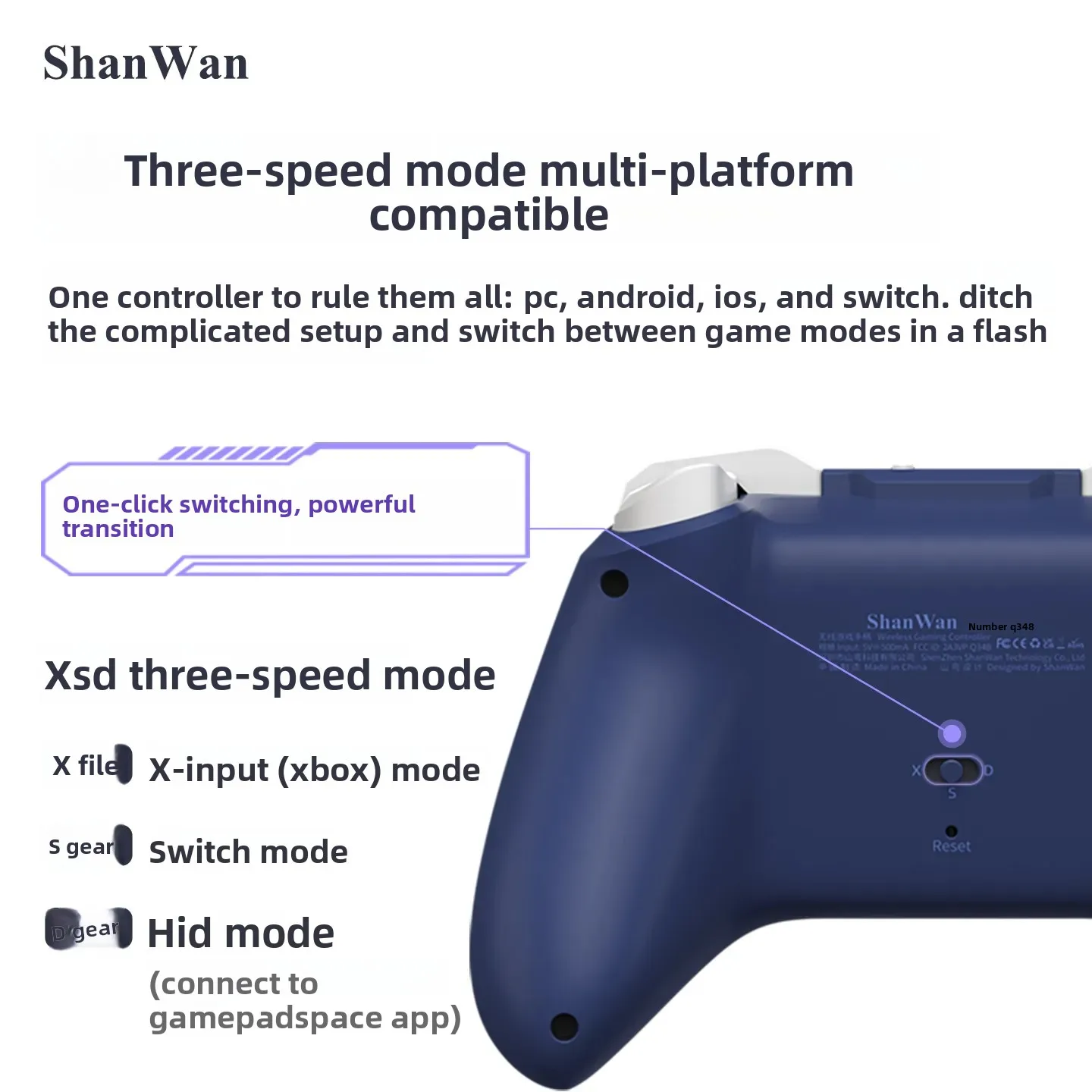 ShanWan 게임패드 Q34B PC용 무선 블루투스 스위치 Xbox 레이아웃 게임패드가 포함된 범용 듀얼 홀 럼블 조이스틱