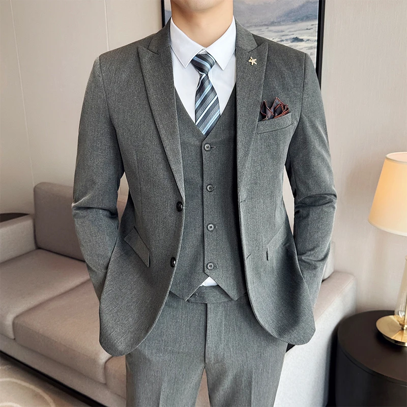High quality fashion handsome (suit + vest + trousers) solid color casual trend business wedding three-piece set