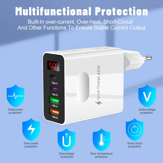 45W Fast Charging Head 2 Type-C 4 Ports Quick Charger Head Digital Display Phone Charging Adapter for iPhone 14 Xiaomi Samsung 5