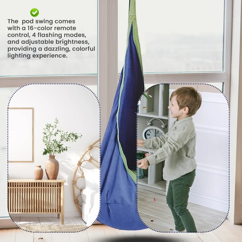 Light Up Kids Pod Swing Seat,Therapeutic Sensory Swing,Hug Ceiling Snuggle Swing, Adjustable Fabric Hammock 5