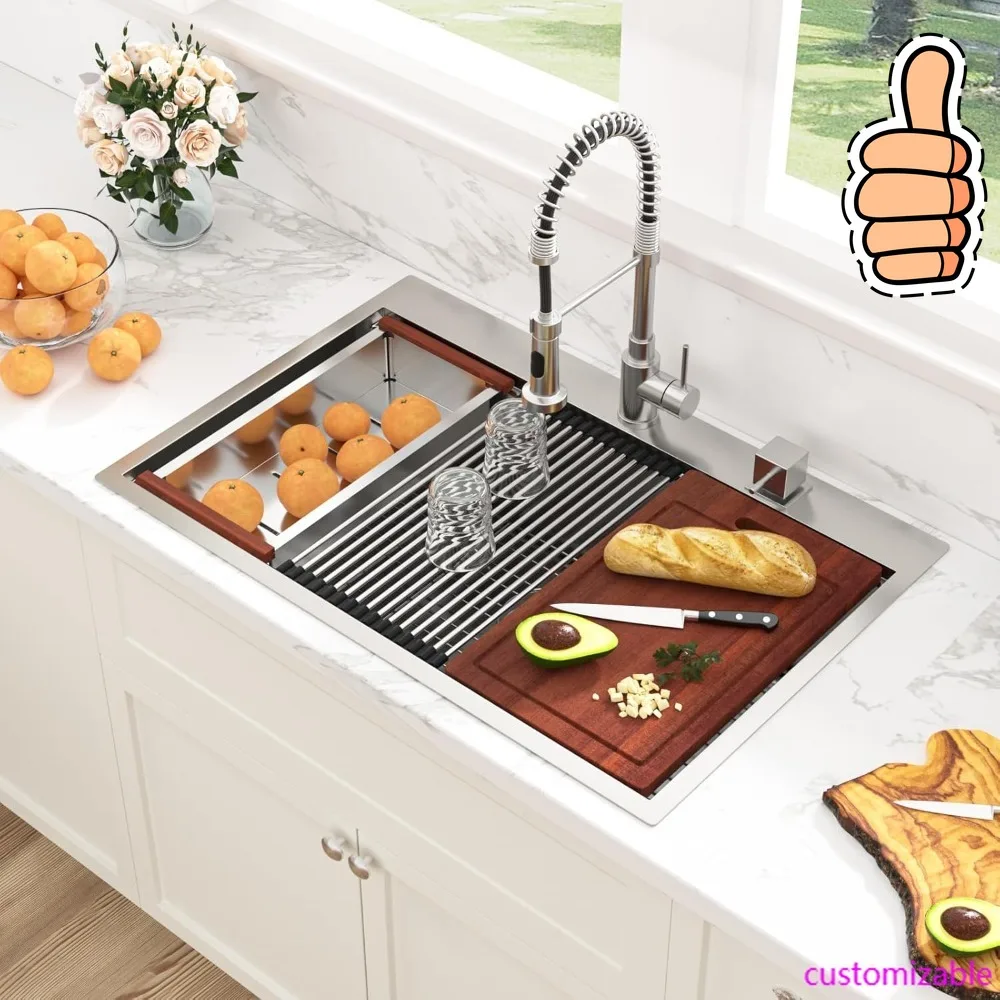 NEW-Drop In Kitchen Sink - 33x22 Drop In Kitchen Sink Ledge Workstation 16 Gauge Stainless Steel Topmount Deep Single Bowl Over