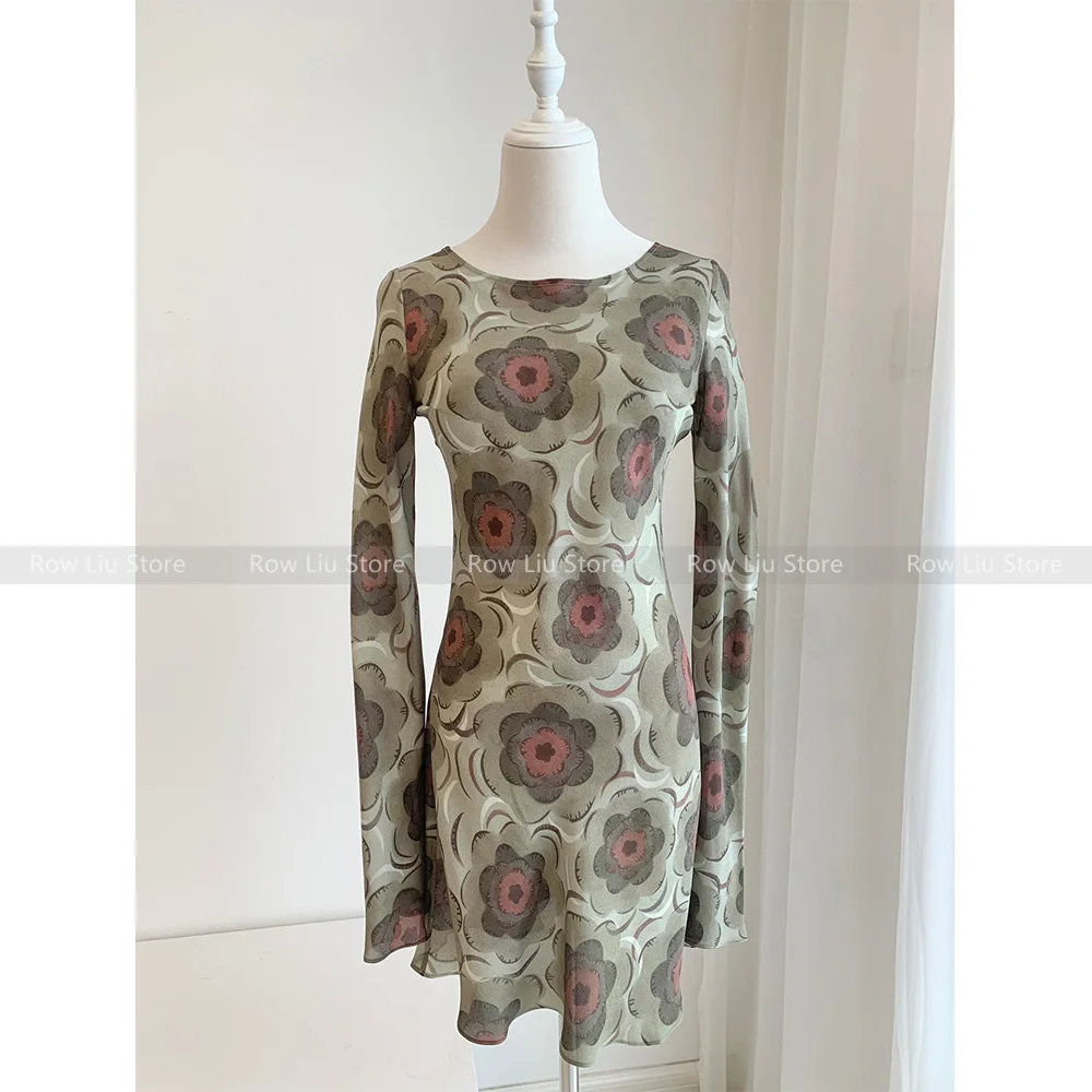 

High Quality! French niche vintage style silk resort style flared long sleeves round neck slimming thin printed short dresses