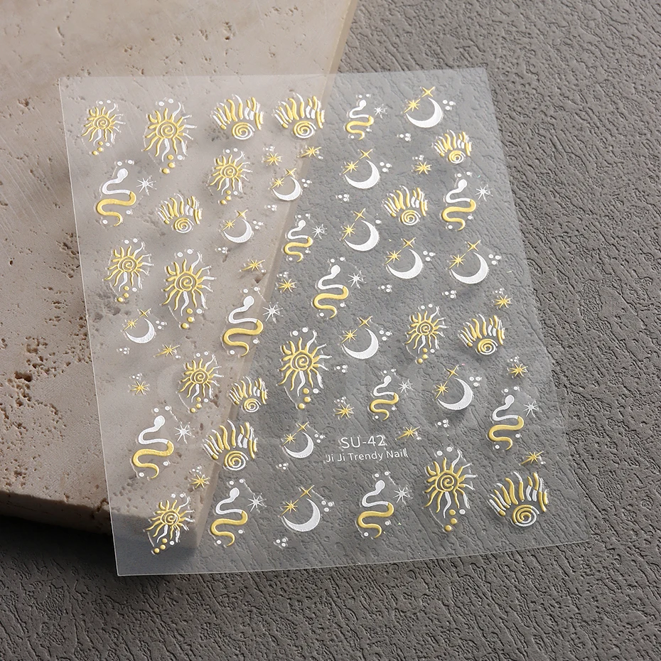 3D Snakes Star Moon Nails Stickers Gold Silver Double Color Sun Design Serpent Snakelike Crescent Pattern Manicure Decals #SU-42 6