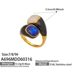 Blue Opal Stone Hug Ring: 18K Gold Plated Statement Chunky Band with Black Enamel Design - 9 (A696)