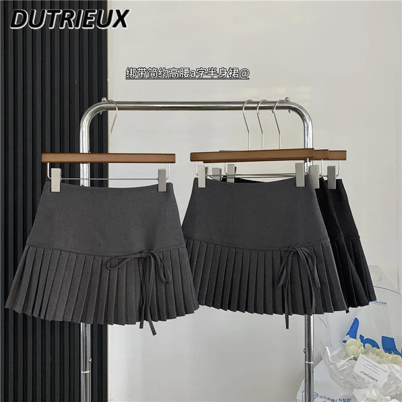 

2024 Spring New Women's Sweet High Waist Slimming Lace Up Pleated Short Skirt Dignified Sense of Design A- Line Mini Skirts