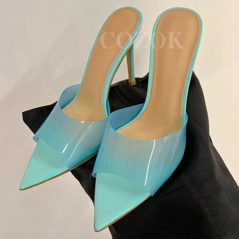 

2023 Women Slippers Summer New PVC Material Transparent Upper Design High Heel Sandals Daily Leisure Pointed Toe Female Pumps