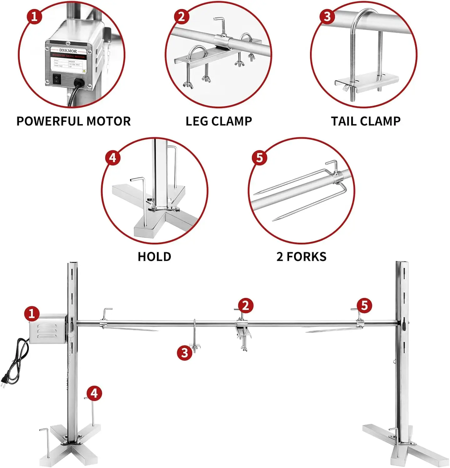 Grill Kit Stainless Steel Tripod Rotisserie Stand,52inch Pig Lamb Hooded Roaster Charcoal Spit with 15W Motor & Adjustable Heigh 2